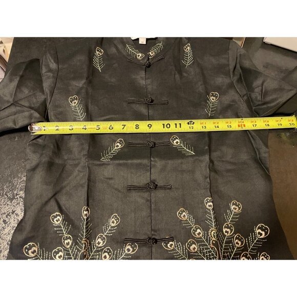 Potex NWT Black Linen Asian Inspired Peacock Embroidered Top Sz M - Picture 8 of 11
